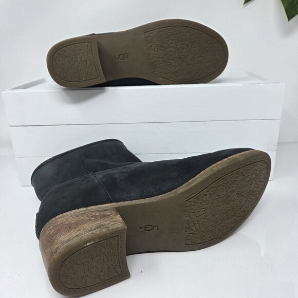 Uggs Womens 7 Ankle Boots Booties Black Leather Stacked Heel Pull Ons Darling - Picture 7 of 10